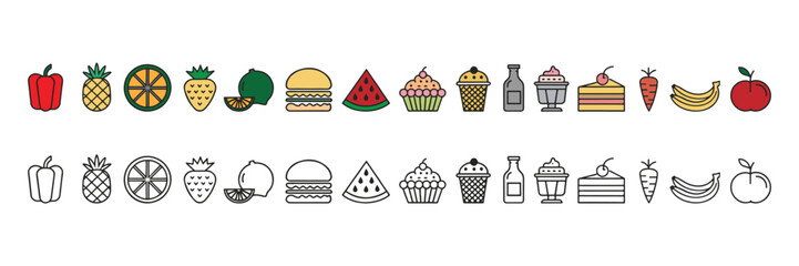Line & Colors Food Icons Collection, Vector Set on White Background