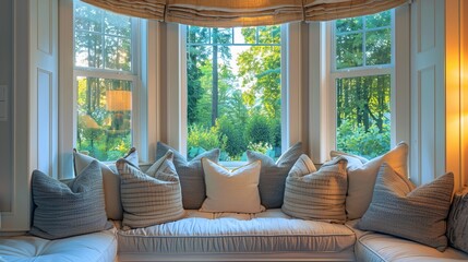 Cozy living room with a bay window and a window seat filled with pillows.