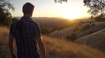 Man observing a sunset over a valley, with golden grass and hills in the background