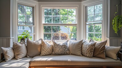 Cozy living room with a bay window and a window seat filled with pillows.