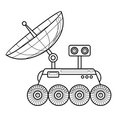 Cartoon space lunar rover. Lunokhod. Cosmic planet research apparatus. Isolated outline vector black and white illustration. Contour clipart on a cosmos theme.