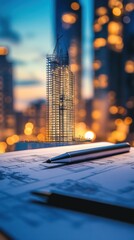 Architectural design blueprints with a city under construction as background