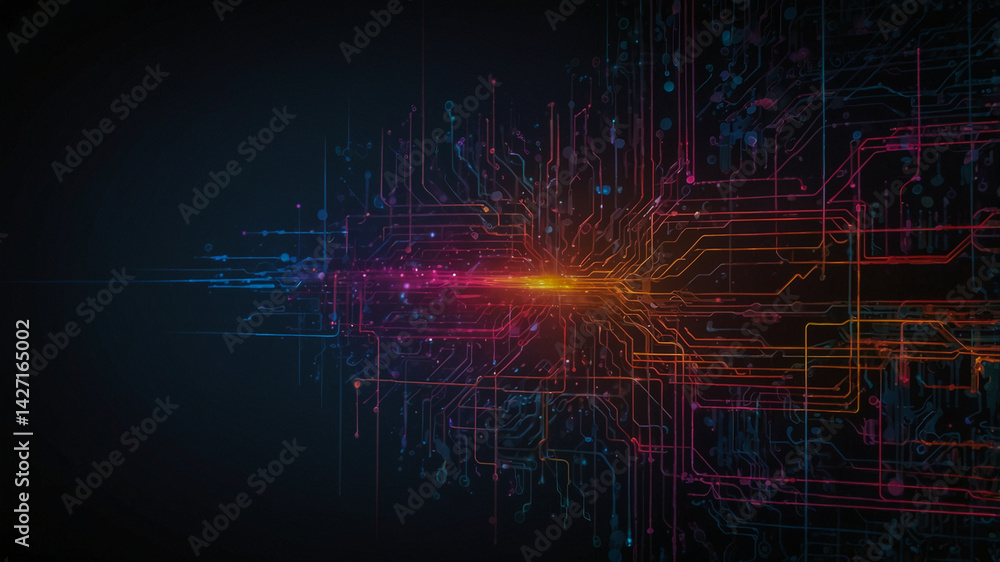 Poster abstract colorful circuit board design in darkness