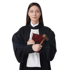 Judge with mallet and book on white background