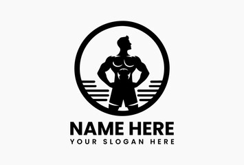 Minimal and abstract gym logo design with strong male fitness silhouette, vector icon isolated on white background for modern club branding