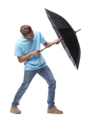 Man with black umbrella on white background