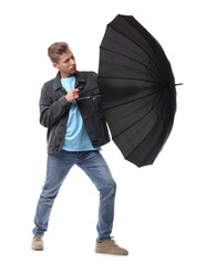 Man with black umbrella on white background