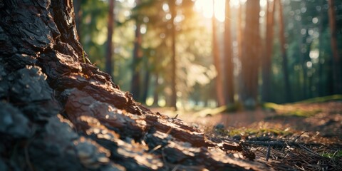Obraz premium Rough Pine Bark Texture Macro in Dappled Forest Sunlight Background