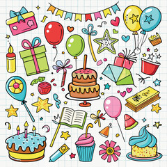 Colorful Birthday Party Doodle Icons