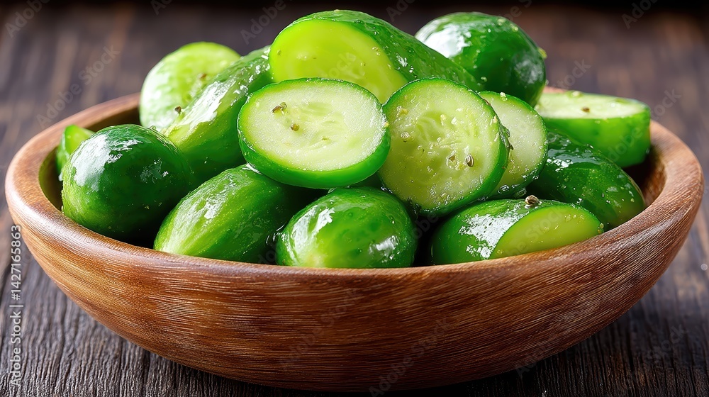 Poster Fresh pickle flavored cucumbers in a wooden bowl on a rustic table setting ready for tasting