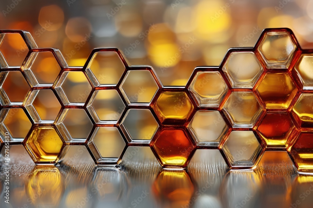 Poster Macro Shot of Honeycomb Structure Showcasing Golden Honey Reflections With Intricate Details in a Vibrant Background