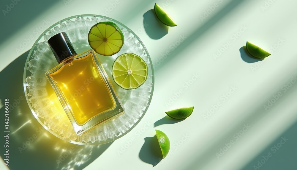 Poster citrus perfume bottle with lime slices on a reflective surface