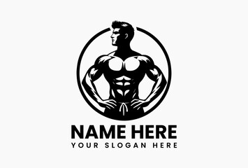 Abstract fitness logo icon featuring muscular male figure, minimalist gym vector silhouette isolated on white background for sports identity