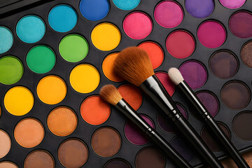 Colorful eyeshadow palette with makeup brushes for beauty and cosmetics product photography and makeup tutorial