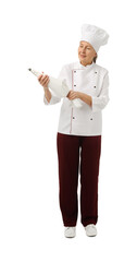 Professional pastry chef with frosting bag of cream on white background