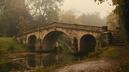Fototapeta premium Misty Autumn Bridge Over Canal