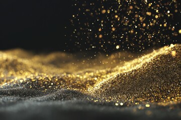 Golden glitter sparkles against a dark background. Luxurious and glamorous texture.