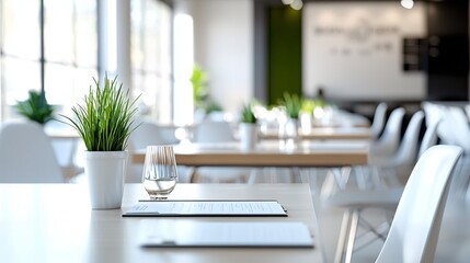 Modern dining setup featuring potted plant and glassware in a bright, spacious restaurant environment