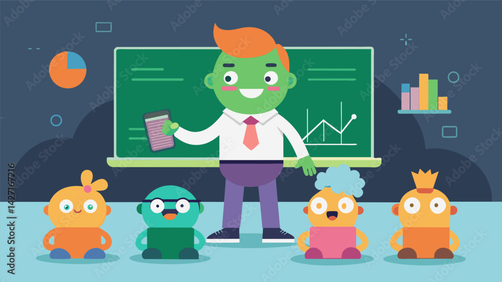 Aufkleber a character representing a budgeting app standing in front of a chalkboard and teaching a group of s