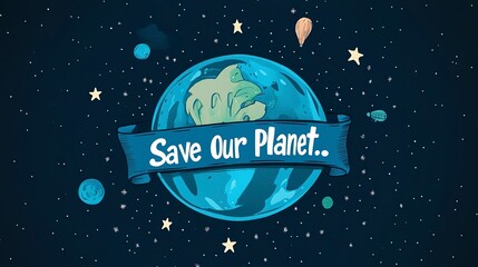 Fototapeta premium Flat illustration depicting Earth with a Save Our Planet banner promoting environmental awareness and protection