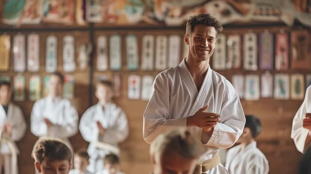 Experienced karate instructor smiling warmly while supervising young students practicing martial arts skills in traditional dojo training environment
