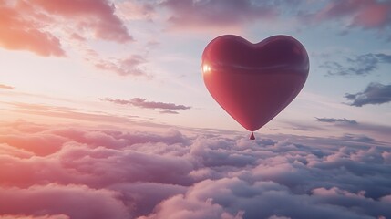 Fototapeta premium Heart-shaped balloon ascends into cloudy sky at sunset, symbolizing the act of letting go