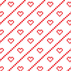 Pixelated red heart pattern on diagonal stripes