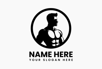 Flat minimalist gym logo vector with abstract muscular male silhouette, isolated fitness symbol for clean and modern club branding