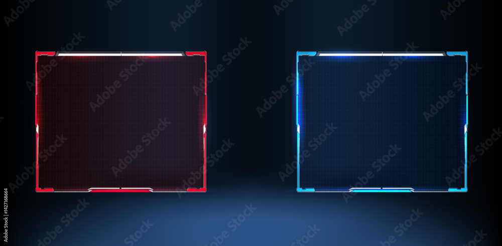 Poster futuristic digital interface design with glowing red and blue frames on a dark background.