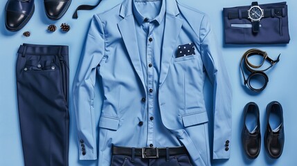 Outfit for formal occasions: blue shirt, pants, suit jacket, black shoes, belt, watch, and necktie.