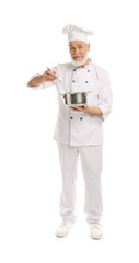Professional pastry chef with whisk and cooking pot on white background