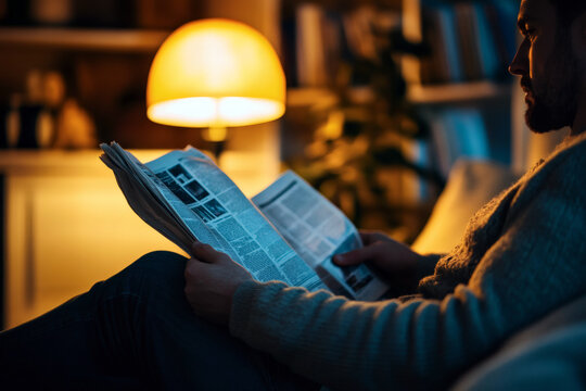 Man relaxing and reading news at home under warm lamp light cozy and comfortable evening routine.