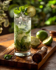 Mint mojito cocktail with fresh ingredients and ice