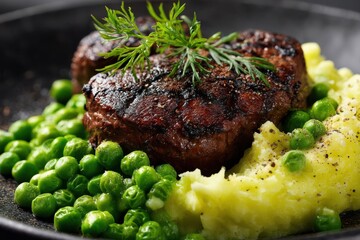 A perfectly grilled steak sits atop creamy mashed potatoes and vibrant green peas. A sprig of fresh herbs adds a touch of elegance.