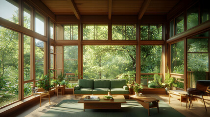Fototapeta premium Tranquil Modern Living Room With Lush Greenery