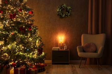 Cozy room with Christmas, cabinet and armchair. Interior design for holiday