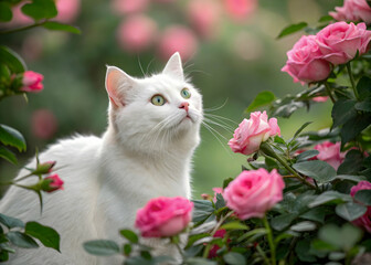 White cat nestled among vibrant pink roses