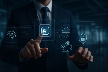 Finger pressing AI interface button surrounded by futuristic cloud computing, neural networks, robotics, and cybersecurity icons on digital display screen..