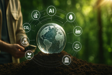 Digital Earth sphere surrounded by sustainability, AI and CO2 icons representing global environmental governance and smart ecological solutions..