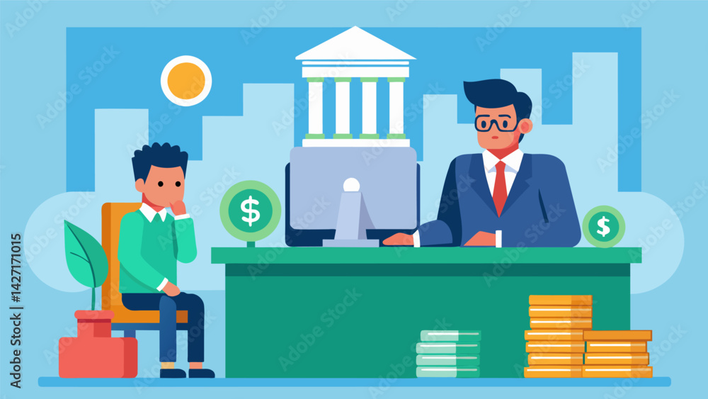 Poster a scene of a government official behind a desk counting money while a private banker stands behind a