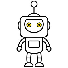 Friendly Robot: A friendly robot character with a square head, yellow eyes and antenna is smiling and waving to the viewer, evoking feelings of warmth, connection, and a bright future.  