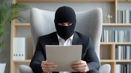 A man in a balaclava and suit reading a document, sitting in a gray armchair, planning something secretive.
