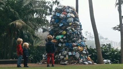 Kids Explore Recycled Art Sculpture in Lush Park.