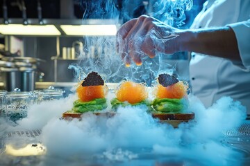 Three exquisite canapés, featuring smoked salmon, avocado, and caviar, are artfully presented with dry ice.