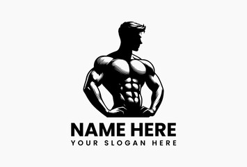 Angular male torso built from geometric shapes, modern abstract logo for tech-forward gyms