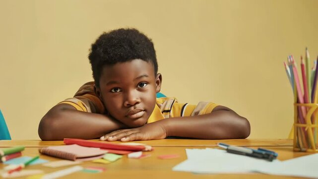 Young African American student dozing off while studying, head drooping with exhaustion at desk against vibrant yellow background, depicting academic fatigue