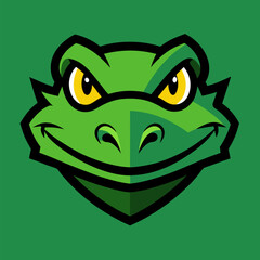 Cheerful Frog Face: A vibrant frog face illustration, featuring a smiling expression with focused yellow eyes, against a green backdrop that radiates playful and charming vibe.
