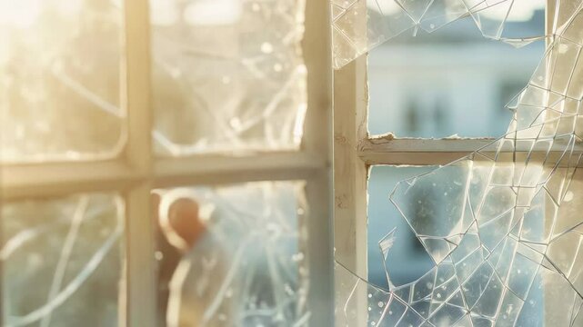 Golden sunlight streaming through shattered window pane, revealing architectural decay inside abandoned, deteriorating structure