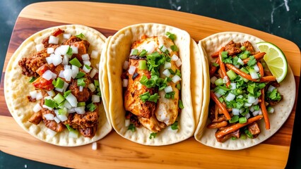 Assorted Gourmet Tacos on Cutting Board - Delicious and colorful Mexican food, great for menus,