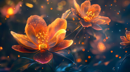 The air is filled with an electric glow emanating from flowers that bloom only at night and shine like lanterns , night blooming flowers, glowing blooms. Electric Bloom. Illustration